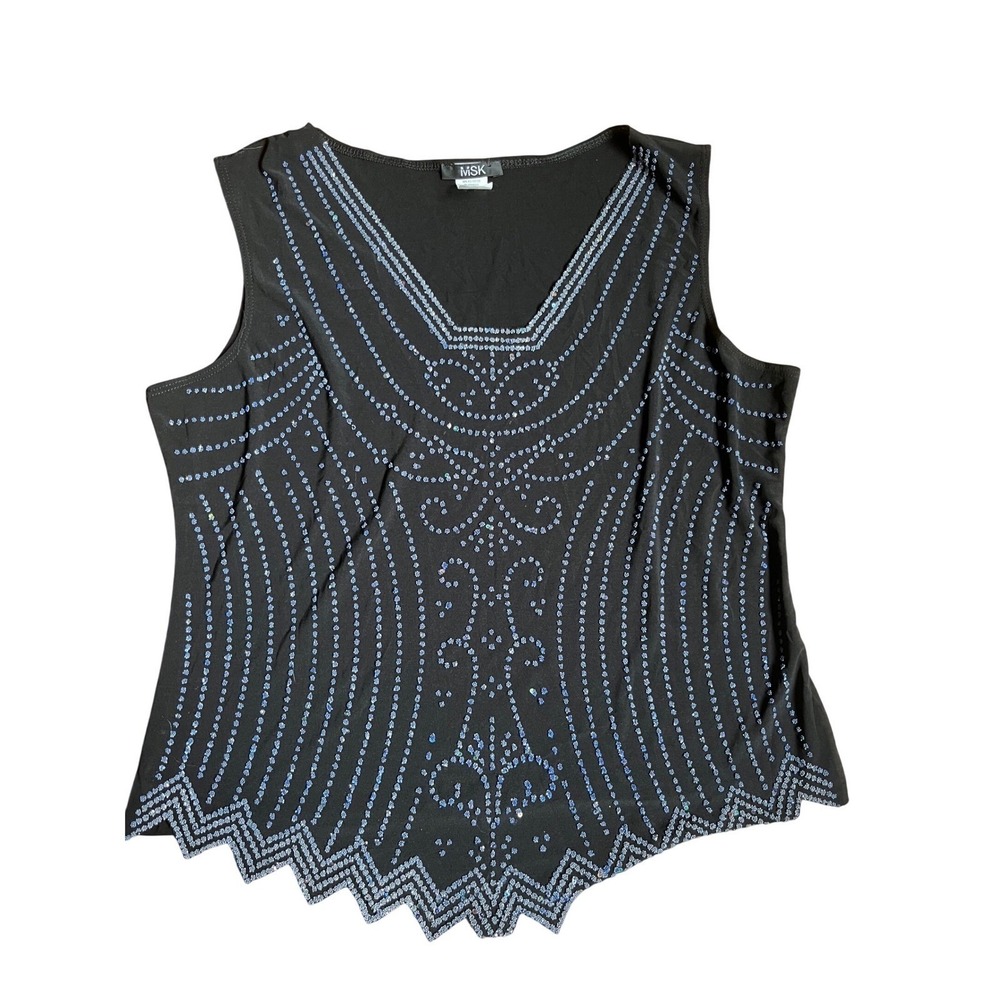 Vintage MSK Womens XL Black Blue Sequin Geometric Tank Top Handkerchief‎ Hem